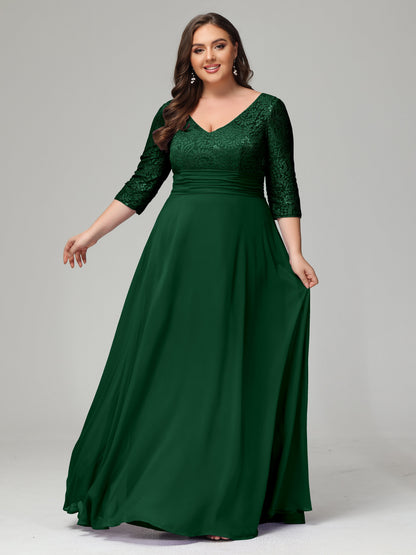 V-Neck Long Sleeves Lace Plus Size Bridesmaid Dresses