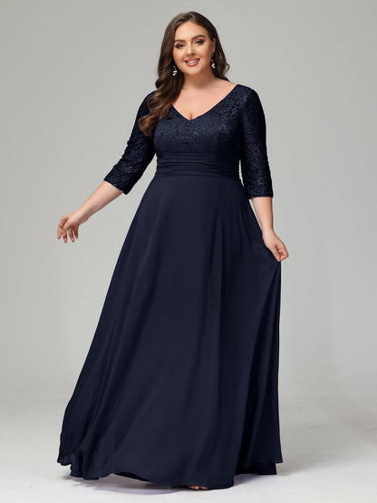V-Neck Long Sleeves Lace Plus Size Bridesmaid Dresses