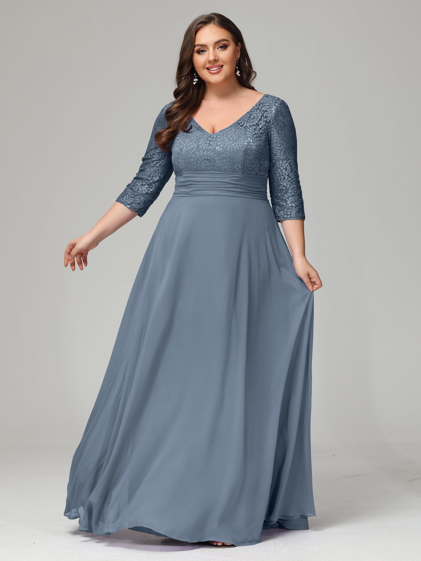 V-Neck Long Sleeves Lace Plus Size Bridesmaid Dresses