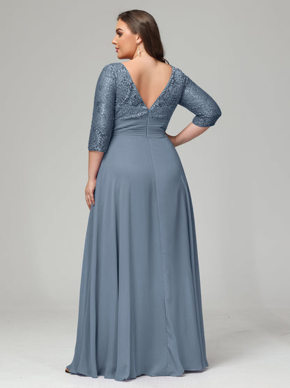 V-Neck Long Sleeves Lace Plus Size Bridesmaid Dresses