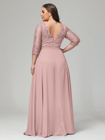 V-Neck Long Sleeves Lace Plus Size Bridesmaid Dresses