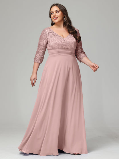 V-Neck Long Sleeves Lace Plus Size Bridesmaid Dresses