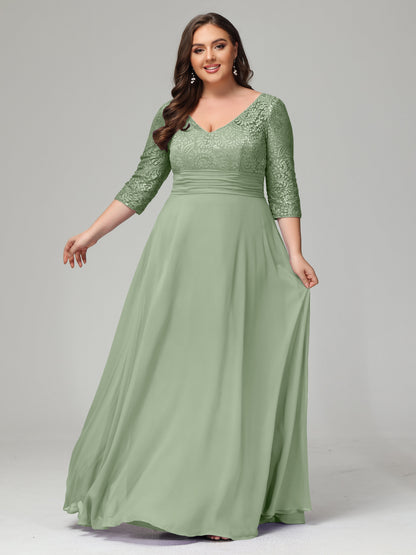 V-Neck Long Sleeves Lace Plus Size Bridesmaid Dresses