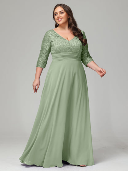 V-Neck Long Sleeves Lace Plus Size Bridesmaid Dresses