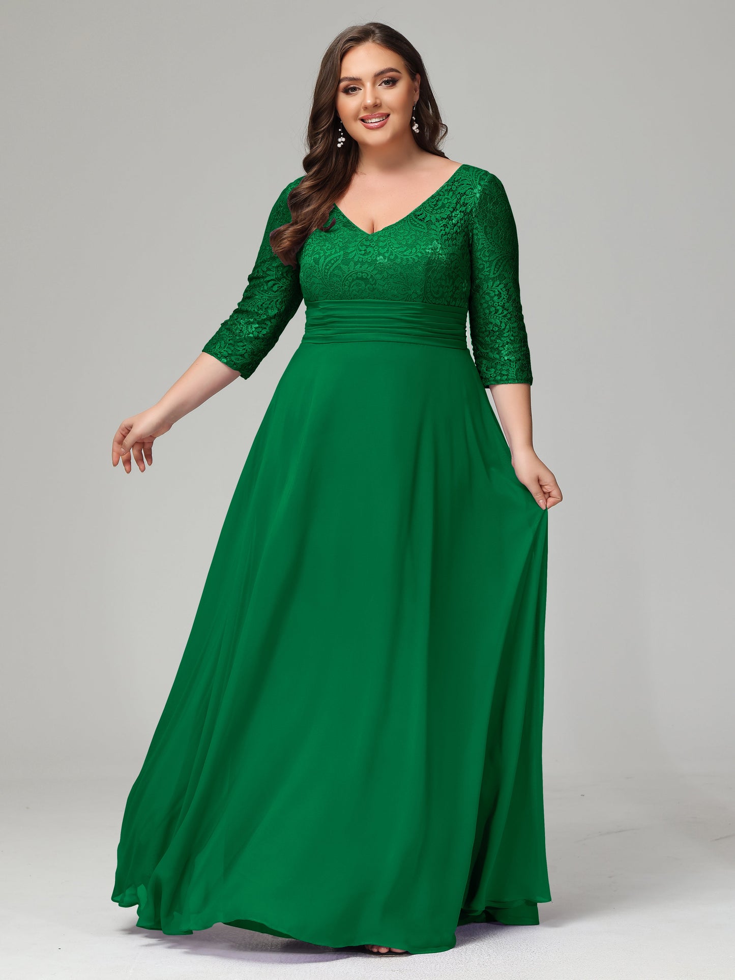V-Neck Long Sleeves Lace Plus Size Bridesmaid Dresses