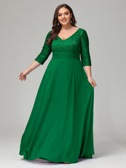 V-Neck Long Sleeves Lace Plus Size Bridesmaid Dresses