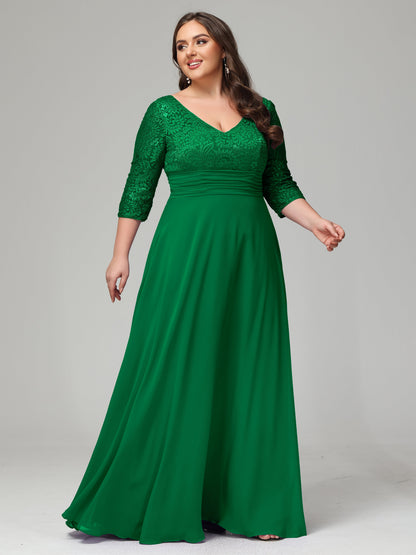 V-Neck Long Sleeves Lace Plus Size Bridesmaid Dresses