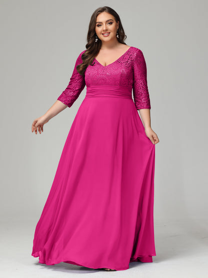 V-Neck Long Sleeves Lace Plus Size Bridesmaid Dresses
