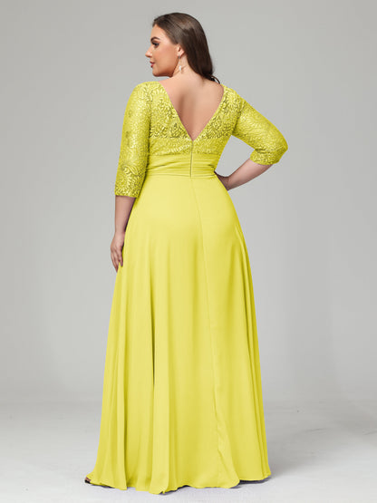V-Neck Long Sleeves Lace Plus Size Bridesmaid Dresses