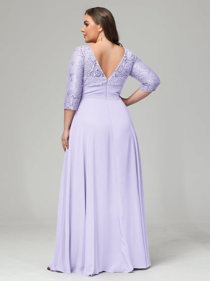 V-Neck Long Sleeves Lace Plus Size Bridesmaid Dresses