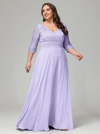 V-Neck Long Sleeves Lace Plus Size Bridesmaid Dresses