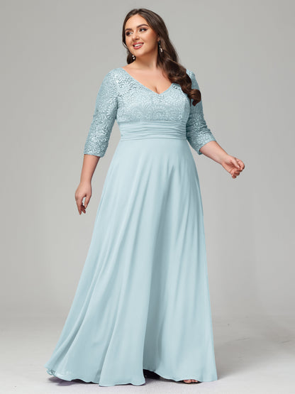 V-Neck Long Sleeves Lace Plus Size Bridesmaid Dresses