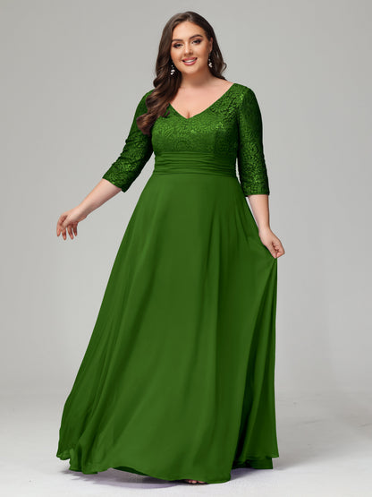 V-Neck Long Sleeves Lace Plus Size Bridesmaid Dresses