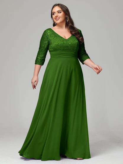 V-Neck Long Sleeves Lace Plus Size Bridesmaid Dresses
