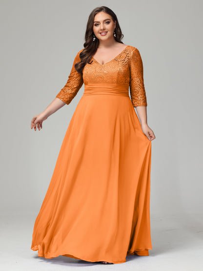 V-Neck Long Sleeves Lace Plus Size Bridesmaid Dresses