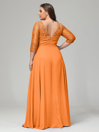 V-Neck Long Sleeves Lace Plus Size Bridesmaid Dresses