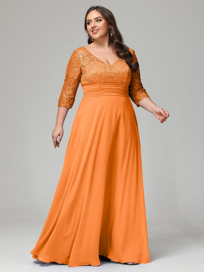 V-Neck Long Sleeves Lace Plus Size Bridesmaid Dresses