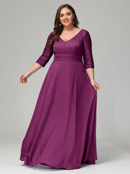 V-Neck Long Sleeves Lace Plus Size Bridesmaid Dresses