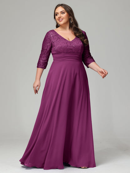 V-Neck Long Sleeves Lace Plus Size Bridesmaid Dresses