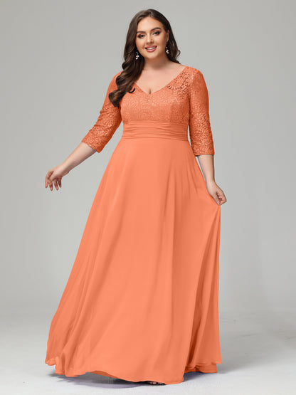 V-Neck Long Sleeves Lace Plus Size Bridesmaid Dresses