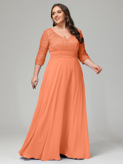 V-Neck Long Sleeves Lace Plus Size Bridesmaid Dresses
