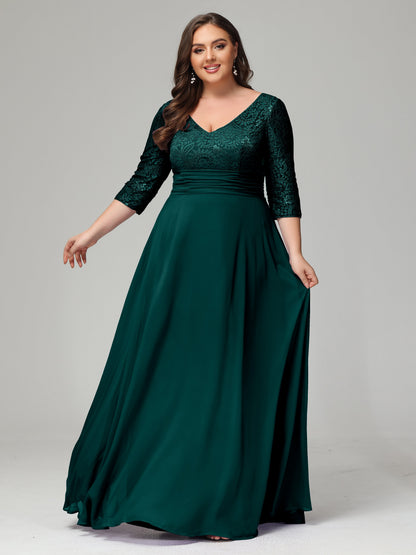 V-Neck Long Sleeves Lace Plus Size Bridesmaid Dresses