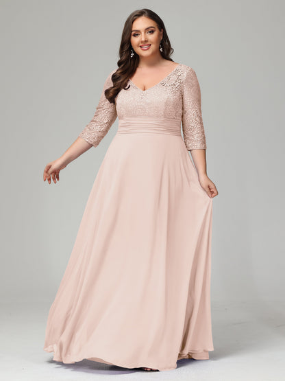 V-Neck Long Sleeves Lace Plus Size Bridesmaid Dresses
