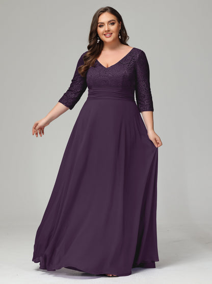 V-Neck Long Sleeves Lace Plus Size Bridesmaid Dresses