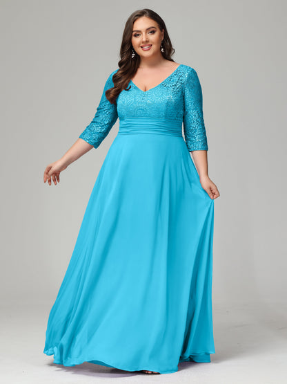 V-Neck Long Sleeves Lace Plus Size Bridesmaid Dresses