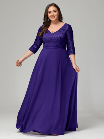 V-Neck Long Sleeves Lace Plus Size Bridesmaid Dresses