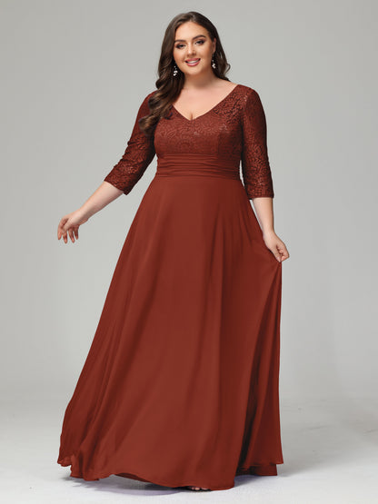 V-Neck Long Sleeves Lace Plus Size Bridesmaid Dresses