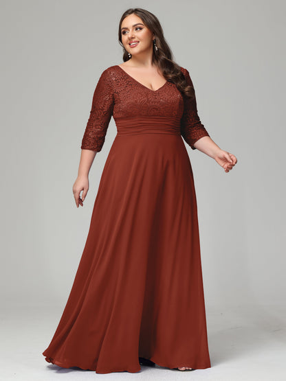 V-Neck Long Sleeves Lace Plus Size Bridesmaid Dresses