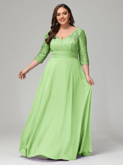 V-Neck Long Sleeves Lace Plus Size Bridesmaid Dresses