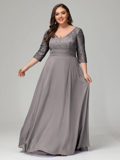 V-Neck Long Sleeves Lace Plus Size Bridesmaid Dresses