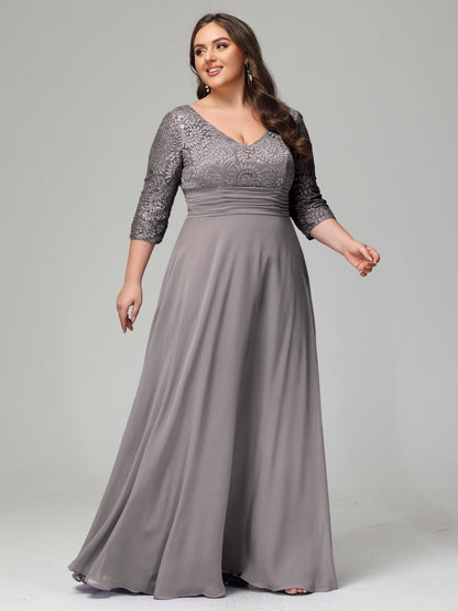 V-Neck Long Sleeves Lace Plus Size Bridesmaid Dresses