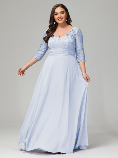 V-Neck Long Sleeves Lace Plus Size Bridesmaid Dresses