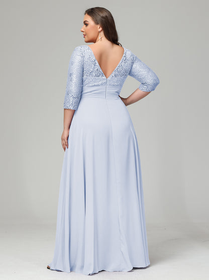 V-Neck Long Sleeves Lace Plus Size Bridesmaid Dresses