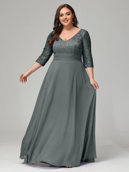 V-Neck Long Sleeves Lace Plus Size Bridesmaid Dresses