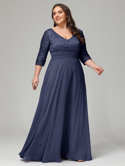 V-Neck Long Sleeves Lace Plus Size Bridesmaid Dresses