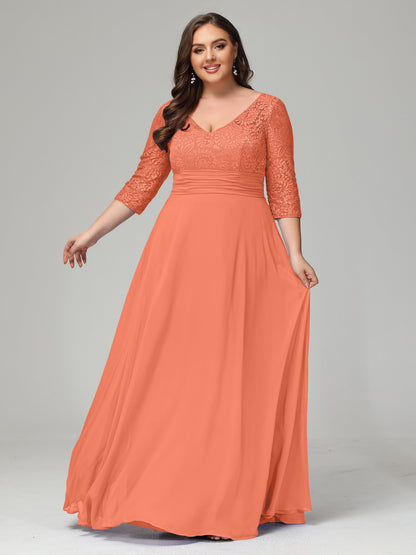 V-Neck Long Sleeves Lace Plus Size Bridesmaid Dresses