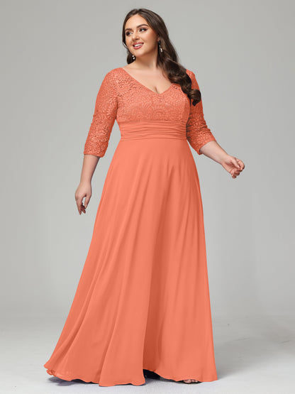 V-Neck Long Sleeves Lace Plus Size Bridesmaid Dresses