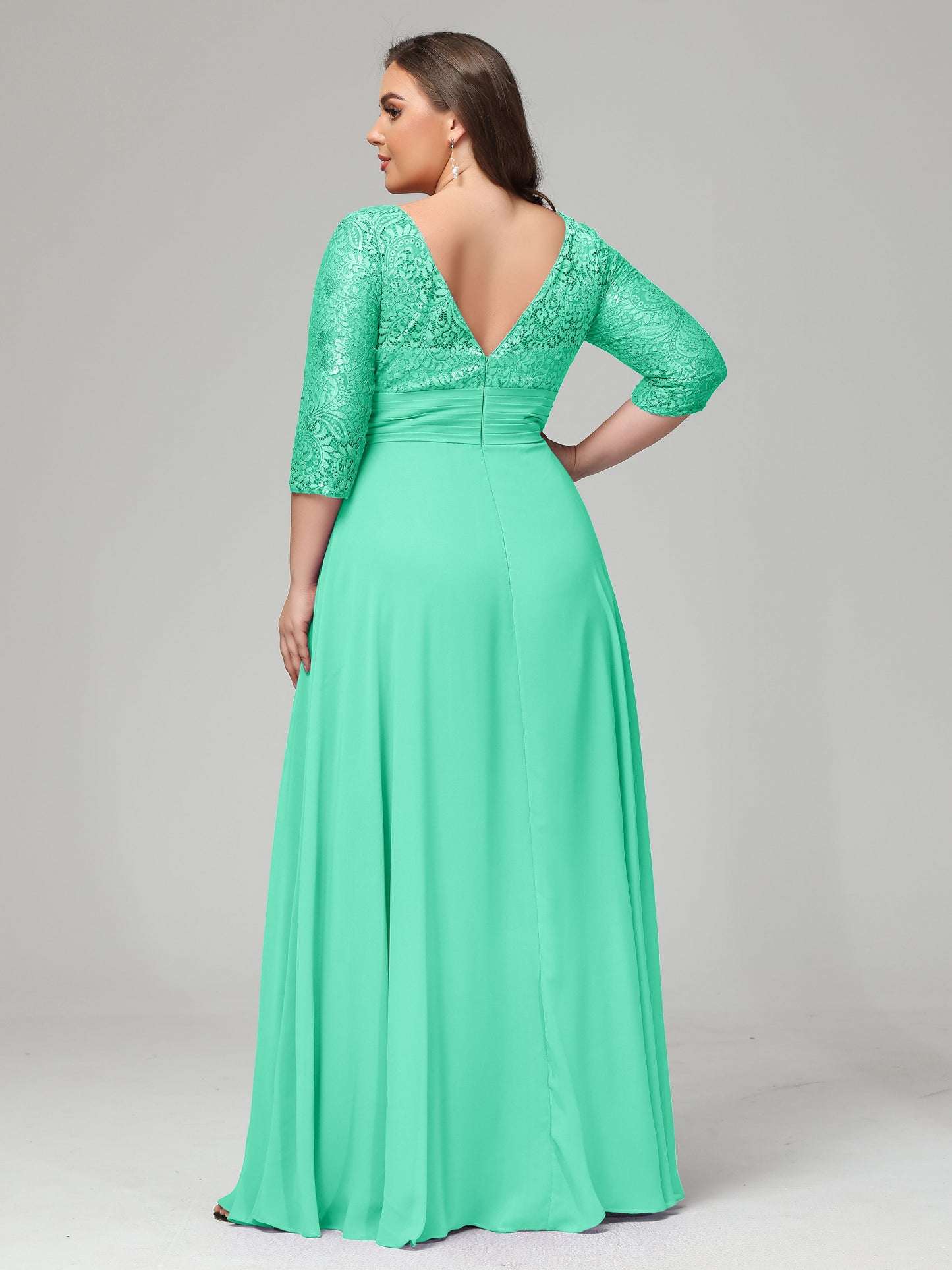 V-Neck Long Sleeves Lace Plus Size Bridesmaid Dresses