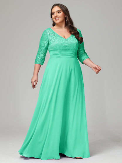 V-Neck Long Sleeves Lace Plus Size Bridesmaid Dresses