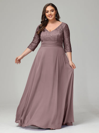 V-Neck Long Sleeves Lace Plus Size Bridesmaid Dresses