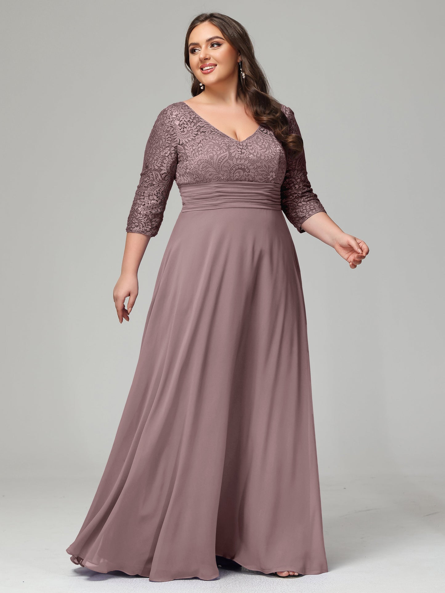 V-Neck Long Sleeves Lace Plus Size Bridesmaid Dresses