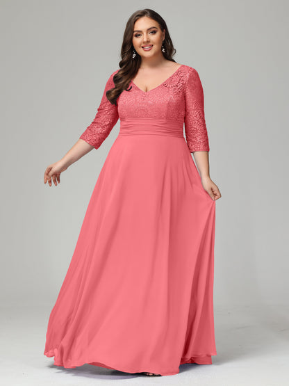 V-Neck Long Sleeves Lace Plus Size Bridesmaid Dresses