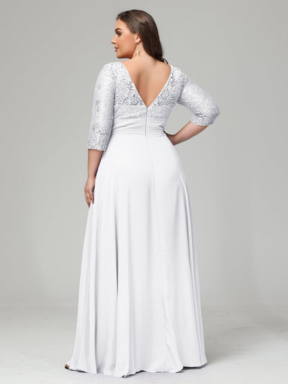 V-Neck Long Sleeves Lace Plus Size Bridesmaid Dresses