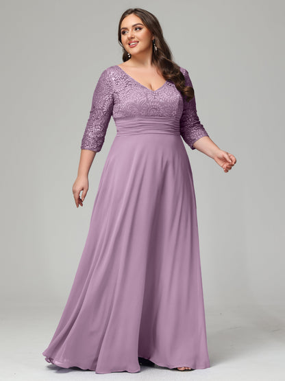 V-Neck Long Sleeves Lace Plus Size Bridesmaid Dresses