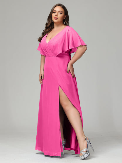 V-Neck Short Sleeves Plus Size Chiffon Bridesmaid Dresses