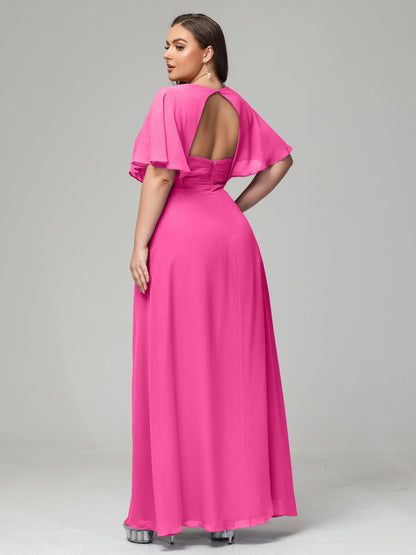 V-Neck Short Sleeves Plus Size Chiffon Bridesmaid Dresses